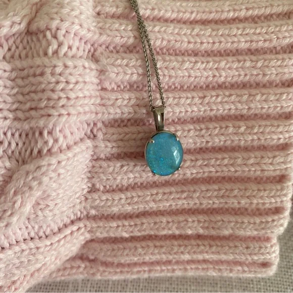 Blue Opal 14 K White Gold Necklace - Picture 3 of 9